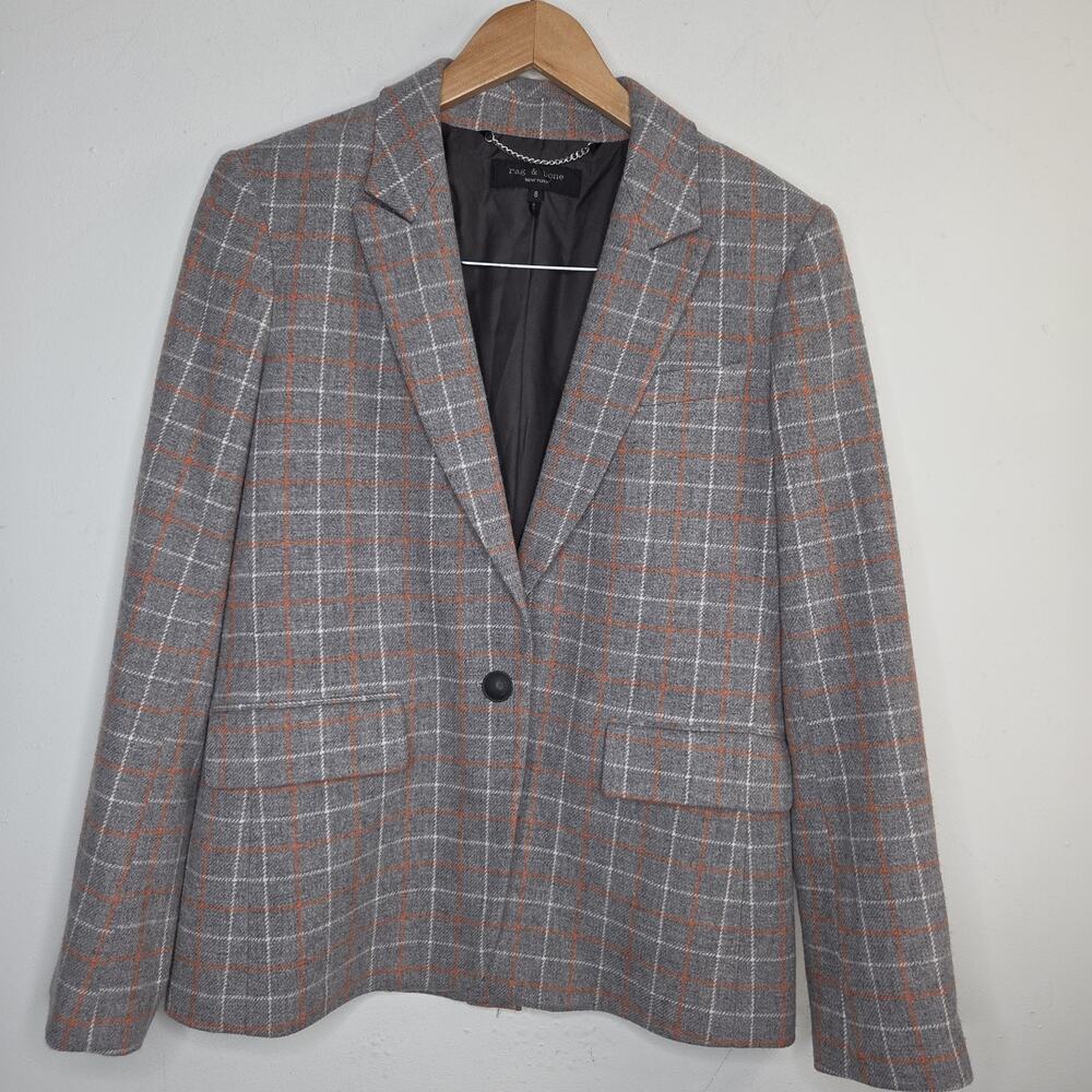 Rag & Bone New York Blazer Womens 8 Gray Orange White Plaid Wool Blend Excellent